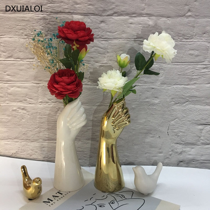 ceramics vase Nordic style Golden Hand Vase Flowers Modern Home Office Decor of Creative Floral Composition living room Ornament